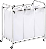 Honey-Can-Do SRT-01235 Heavy-Duty Triple Laundry Sorter Hamper with Locking Wheels, Chrome/White, 70 lbs Capacity
