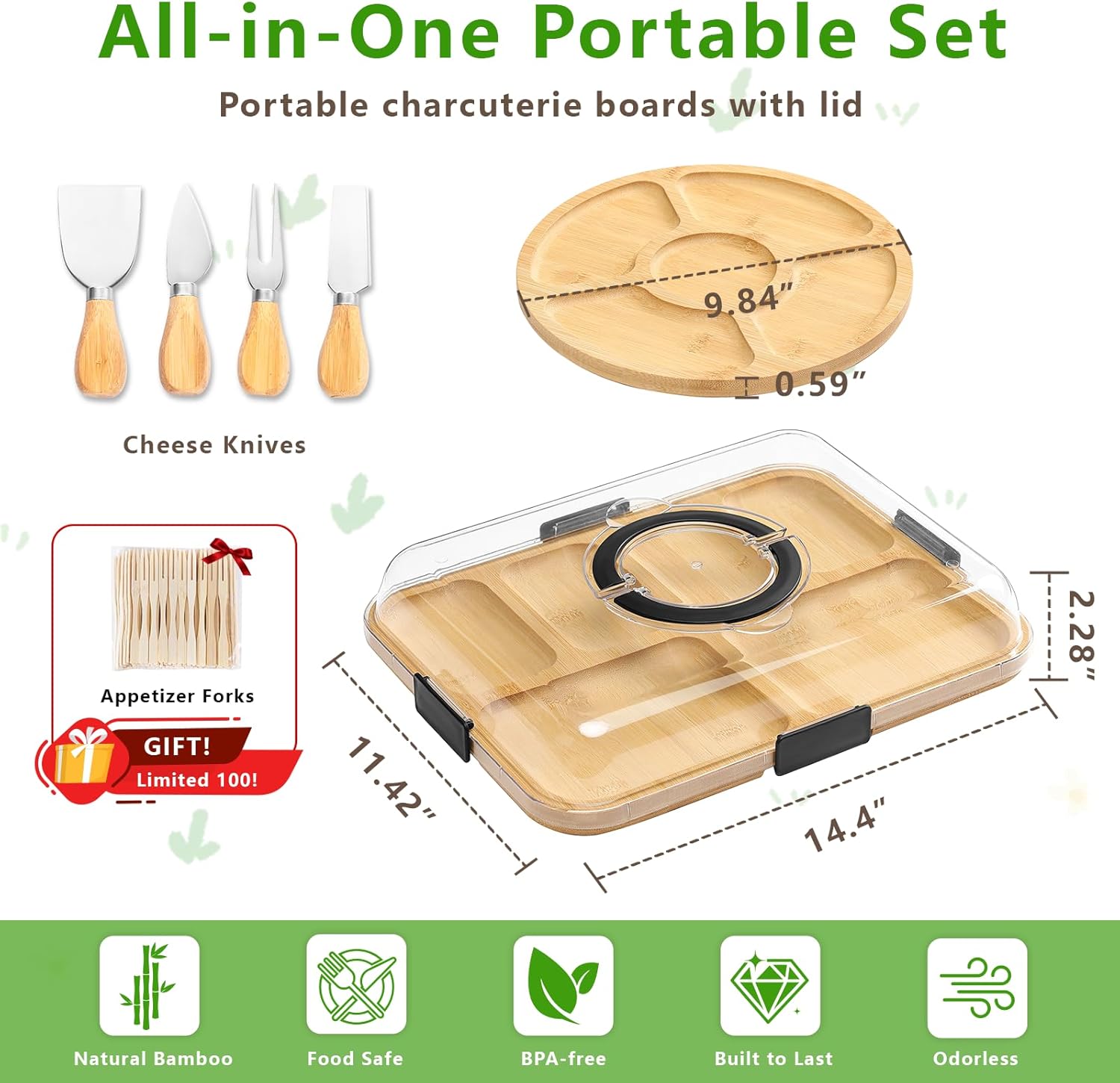 Charcuterie Board Set with Lid and Handle, Portable Travel Bamboo Cheese Board Set with 4 Cheese Tools, Gift for Housewarming, Thanksgiving, Picnics, Christmas (15"x11"board & 10" round board)