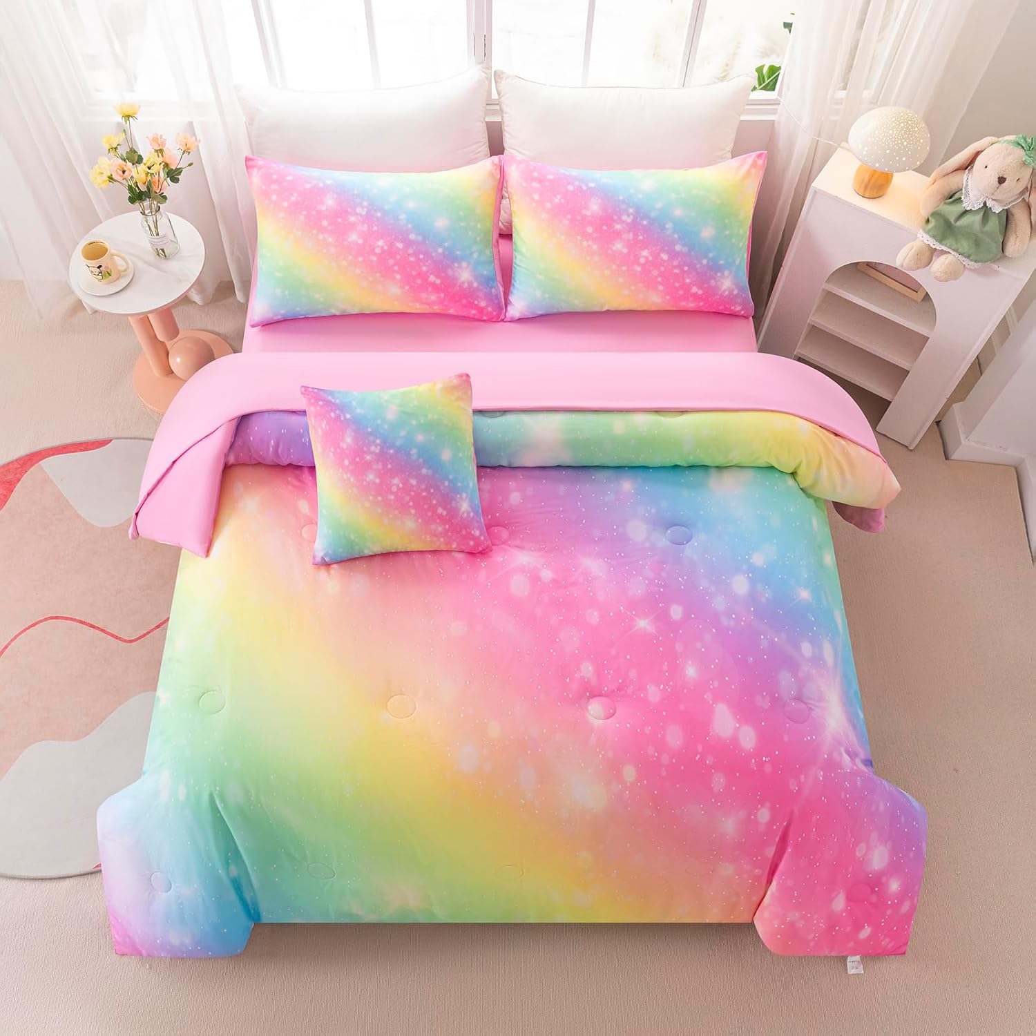 6Pcs Full Size Comforter Set for Girls Kids, Gradient Colorful Rainbow Girls Bedding Set Full with Sheets, Soft & Breathable Kids Bed for Gift Bedroom Decor - Image 2