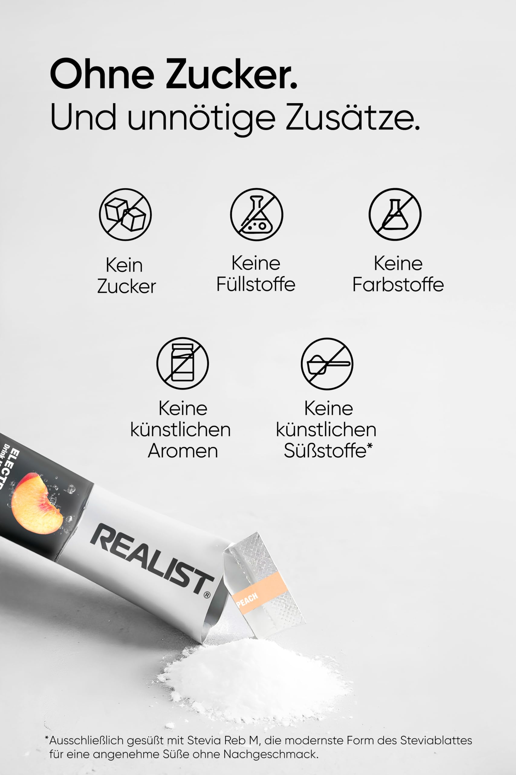 REALIST Electrolitos sin azúcar [30 STICKS] – Electrolitos sin azúcar – Electrolitos en polvo Sport & KETO con 1000 mg de sodio, 330 mg de potasio y 60 mg de magnesio – Fabricado en Austria (melocotón