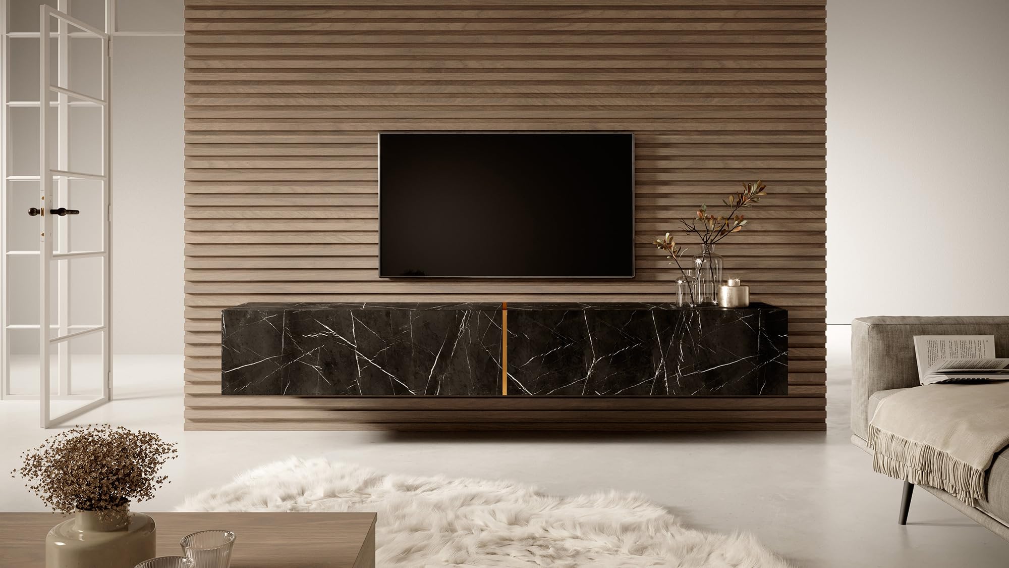 Selsey Mueble De TV Mesa De TV 200 cm Suspendido para Salón Dormitorio Mármol Negro con Inserción Dorada Bisira