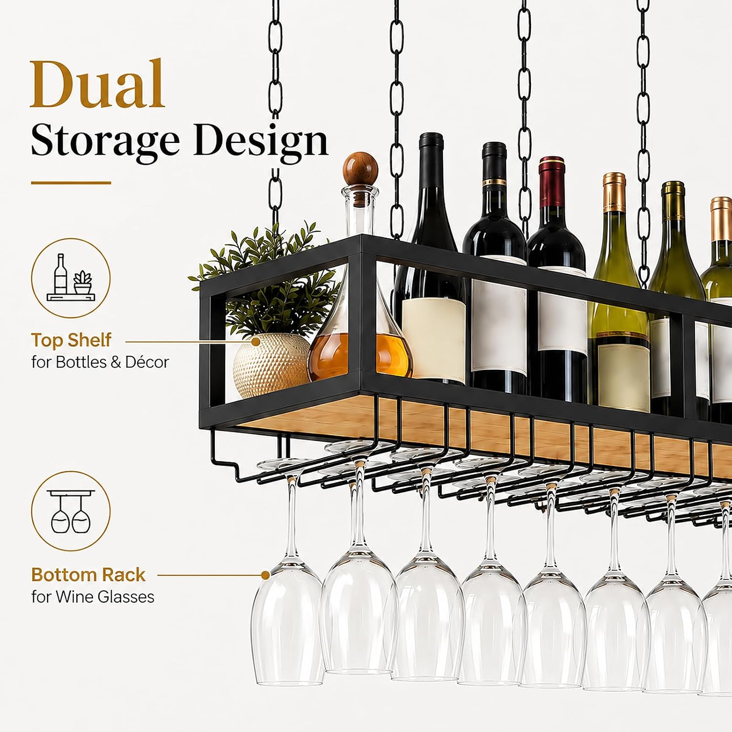 Ceiling Wine Glass Rack with Glass Holder, 39.3in Metal Hanging Bar Shelf image 4