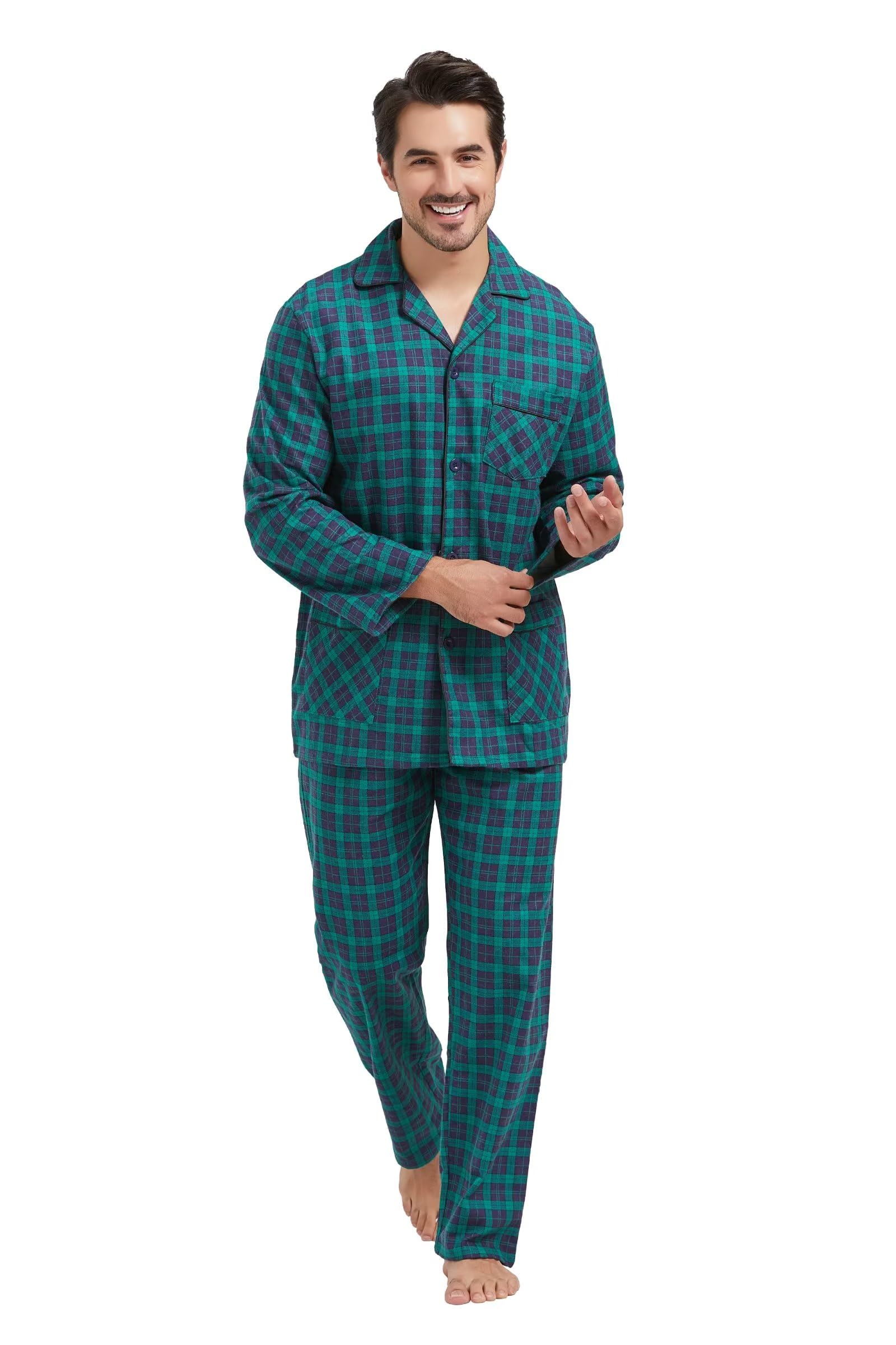 amaxer Men's Flannel Pajamas Set Men's Home Fashion Pajamas with Pockets and Drawstring 100% Cotton Soft Pjs for Men