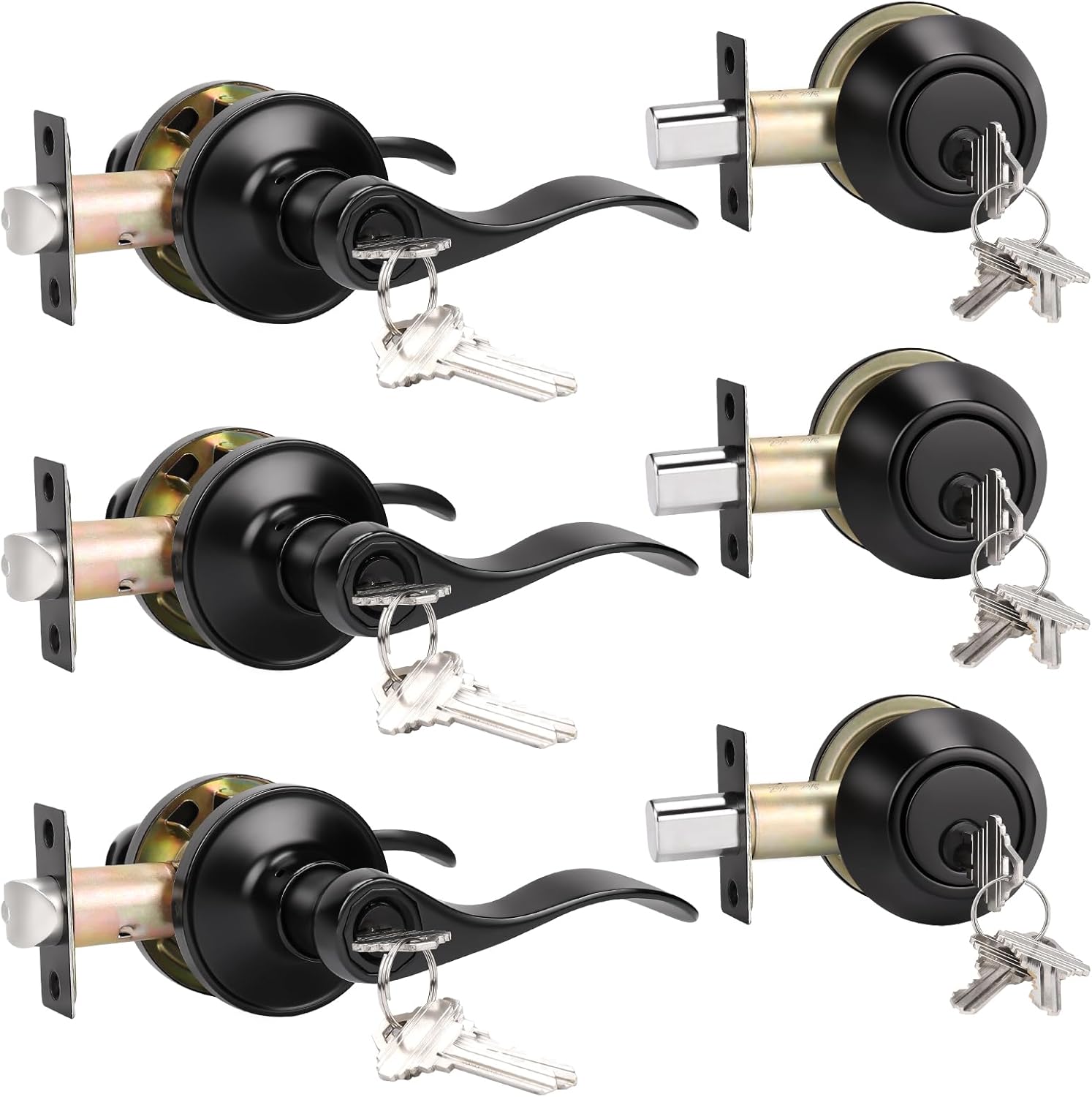 KNOBWELL 3 Pack Deadbolt Locks for Interior/Exterior Doors, Black Door Knob and Deadbolt Set Keyed Alike Door Handleset