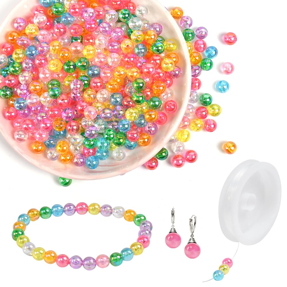 TCETCY 800 Stück Acrylperlen 8mm Bunte Bastelperlen zum Auffädeln | Farbebn Perlen Rund Bastelperlen, für Armbänder, mit 5M Schnur, für DIY Schmuckherstellung, Armbänder, Halsketten Basteln