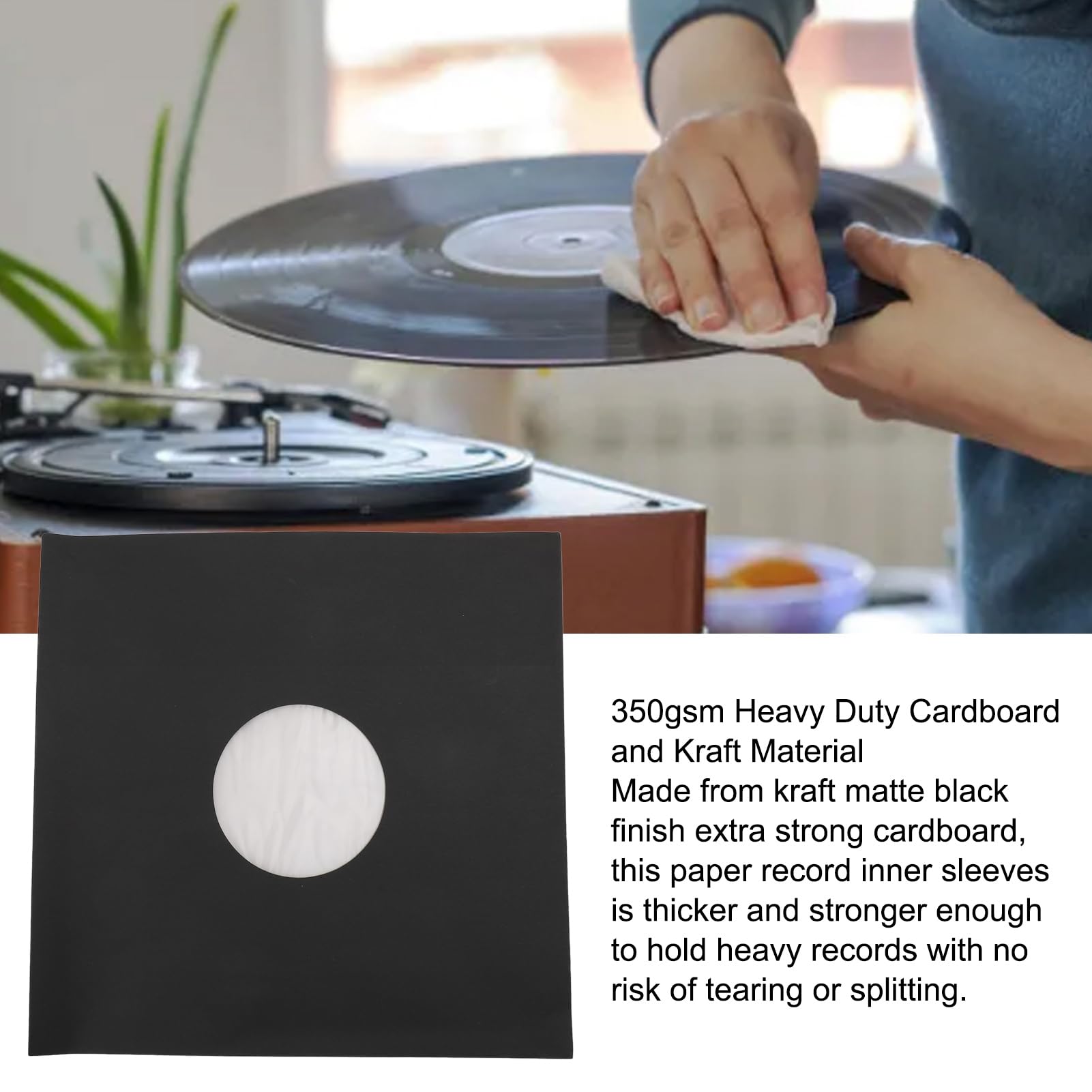 ANGGREK Buste per Dischi da 12 Pollici, Rivestimenti in Carta Kraft Nera Opaca, Cartone Spesso 350 g/m² con Foro Centrale per la Conservazione di Dischi in Vinile a 33 giri/min.