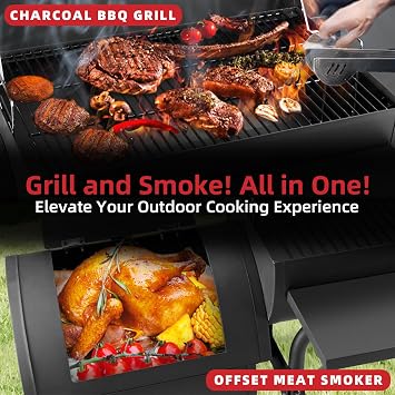 Kendane Charcoal BBQ Grill with Offset Smoker - Charcoal Barbecue Large Oil Drum Barbecue Barrel Grill for Outdoor Garden