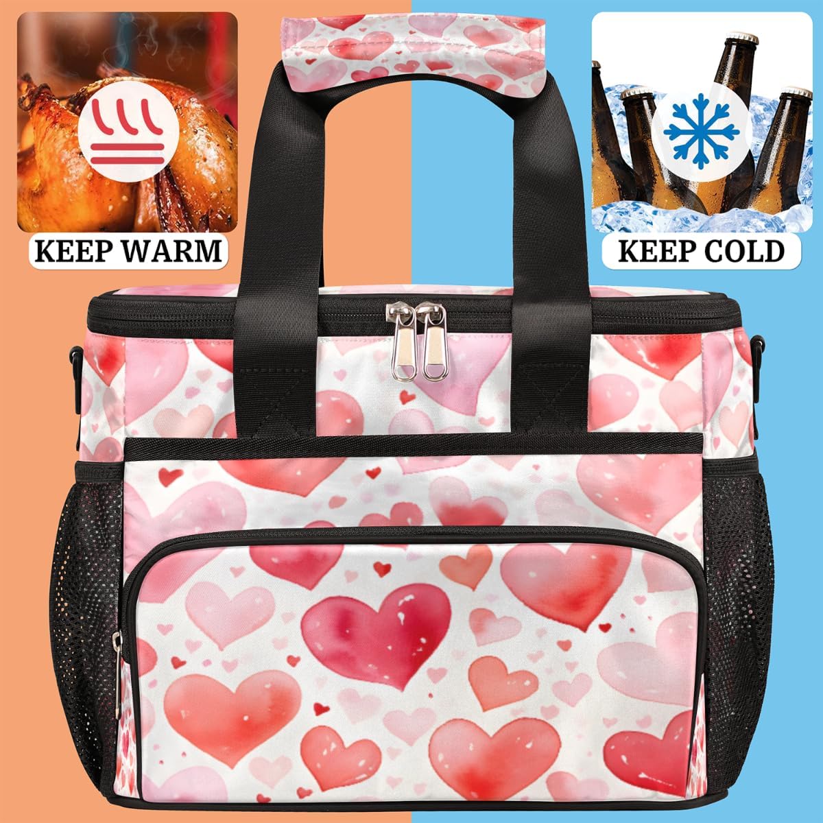 Insulated Picnic Backpack Lunch Box for Women Men Picnic Basket Tote Lunch Bag Picnic Bag Portable Lunch Bags for Picnic, Beach, Work, Trip,Office, Camp Pinks Love Heart