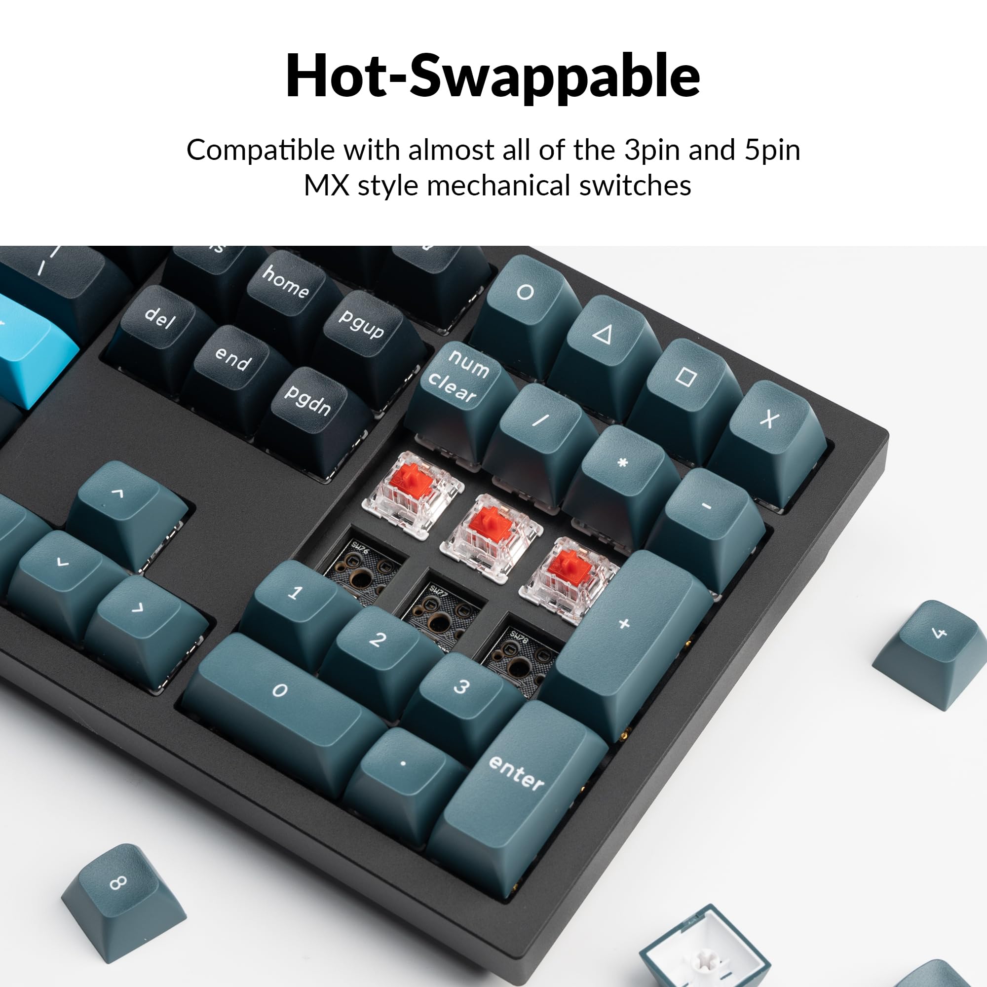 Close-up of hot-swappable switches on the Keychron Q6 Pro keyboard