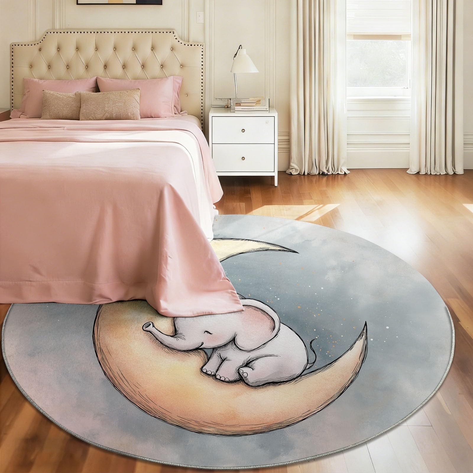 Générique Éléphant Tapis Rond 100 cm, Lavable & Antidérapant, Dessin Animé Mignon Animal Lune Tapis de Salon Doux Poil Ras pour Chambre & Bureau, Rose Grisâtre