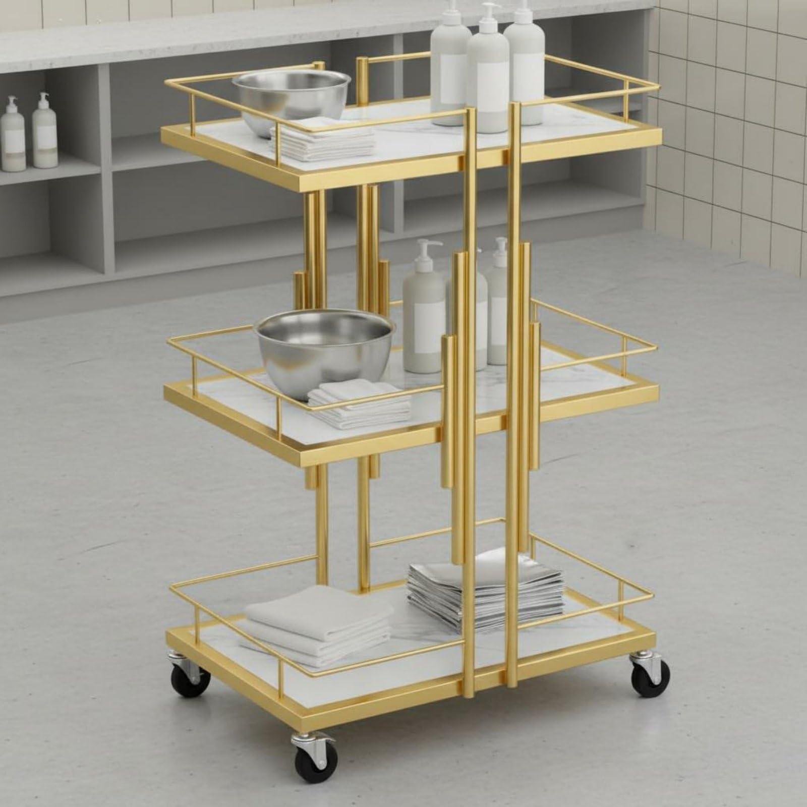 Carro de Salón con Niveles Mueble Organizador Metálico Estantes Imitación Mármol Ruedas Giratorias Suaves Adecuado para Centro de Estética Barbería Dormitorio, Plata