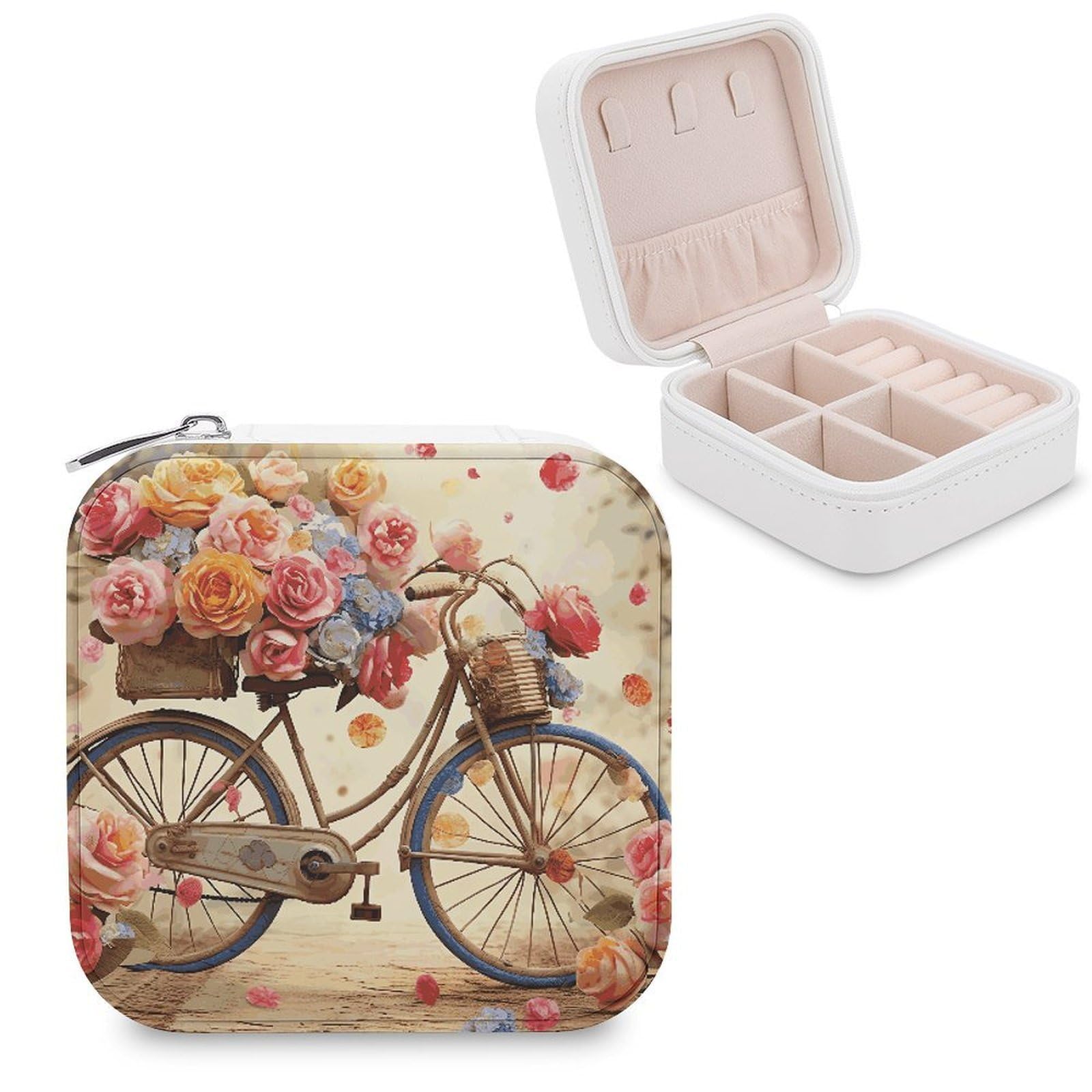 VstaDank Flower Bicycle Jewelry Box Portable Mini Travel Case Display Storage Holder Boxes PU Leather Small Jewelry Organizer for Women for Stud Earrings Rings Necklaces Bracelets