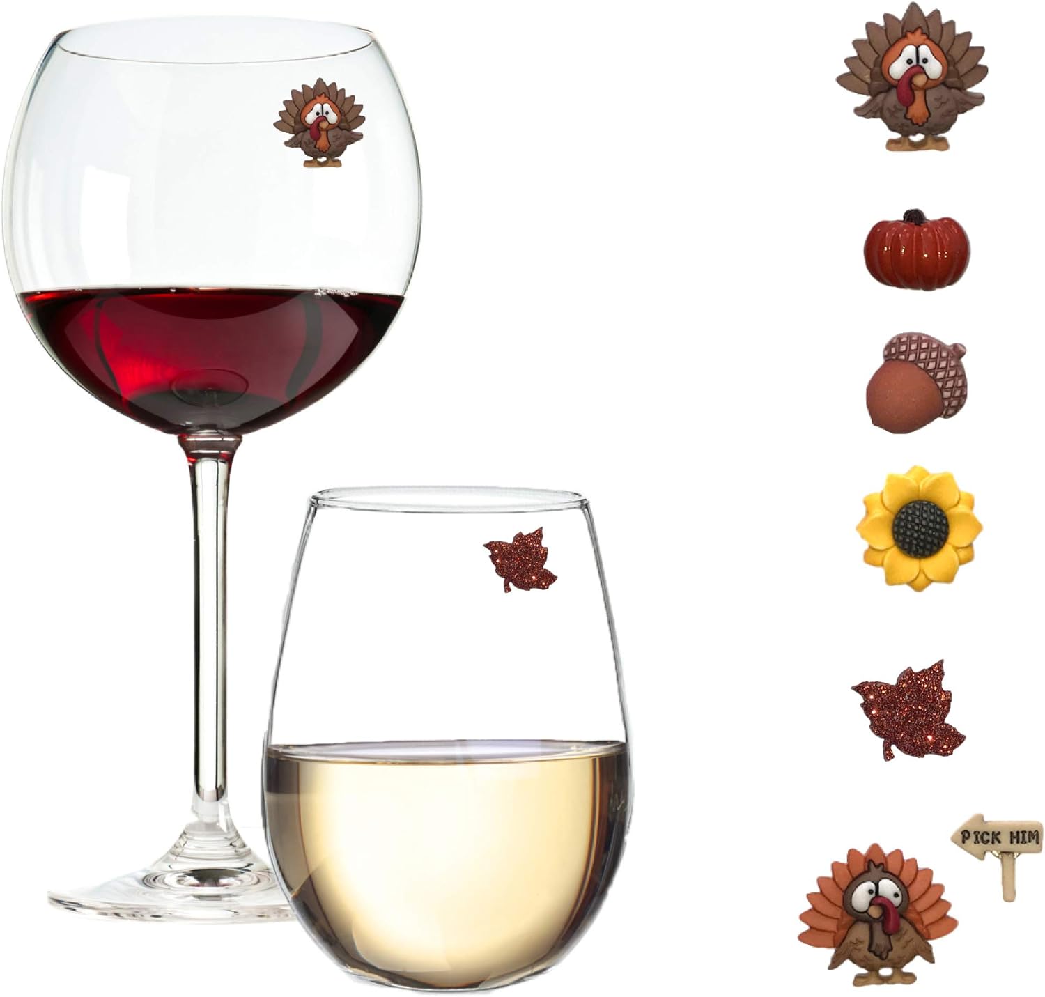 Simply Charmed Thanksgiving and Fall Wine Glass Magnet Charms - Magnetic Holiday Drink Markers for Champagne Flutes, Cocktails, and Stemless Wine Glasses -Set of 7