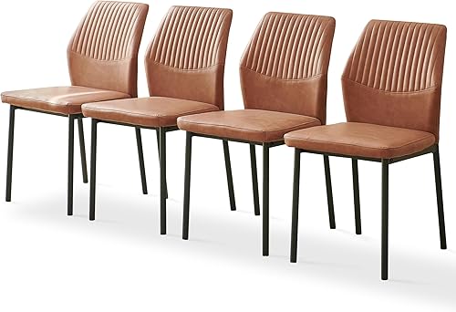 Juego de 4 sillas de comedor de piel sintética marrón, cómodas sillas de cocina tapizadas sin brazos con patas de metal negro para sala de estar,