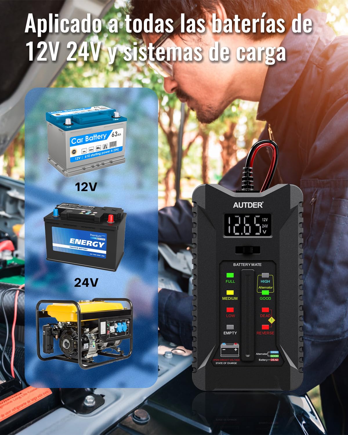 AUTDER Tester de Batería Digital, Volímetro 12V/24V para Baterías de Coche y Moto, Analizador del Sistema de Carga del Alternador con Pantalla LCD e Indicadores LED, Dos Modos de Prueba