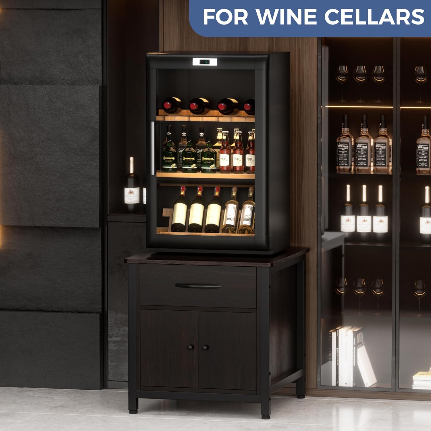 COOLBEBE Mini Fridge Stand with Storage, Heavy Duty Mini Fridge Cabinet with Drawer, Solid Wood Beverage Refrigerator Stand Table for Dorm, Office, Bedroom, Load 220LBS, Black Walnut