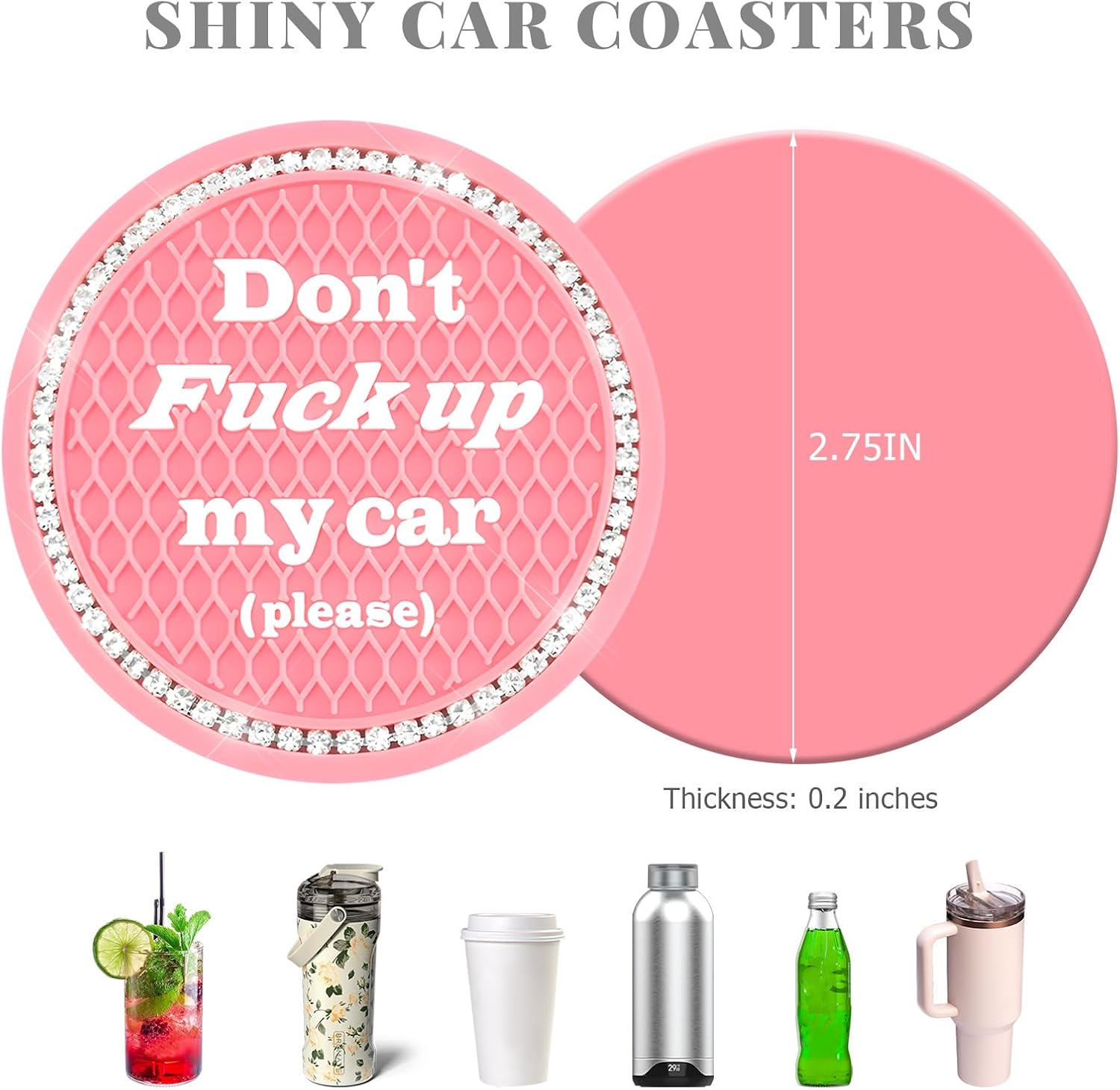 4 PCS Bling Car Cup Coaster, 2.75 Inch Anti-Slip Auto Drink Mat Crystal Rhinestone Interior Decoration, Shockproof Embedded Cup Holder Insert Coaster for Most Vehicles (Pink) image 2