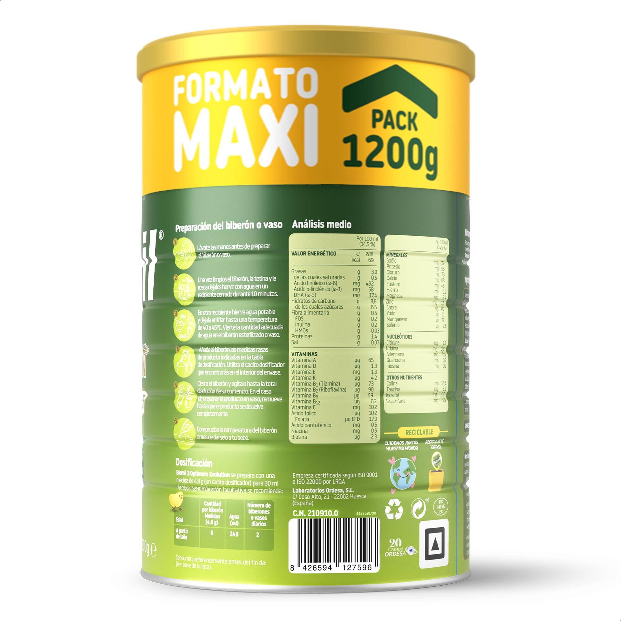 Blemil 3 Optimum Evolution 3PACK | 3 Botes de 1200g | Preparado Lácteo en Polvo para Niños de 1 a 3 años - 0% Azúcares Añadidos, sin Aceite de Palma - Amazon Exclusive