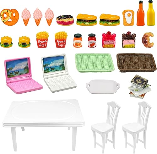 30 piezas de alimentos en miniatura, bebidas, computadora portátil, libros, juguetes, casa de muñecas, muebles en miniatura, mesa de plástico, se