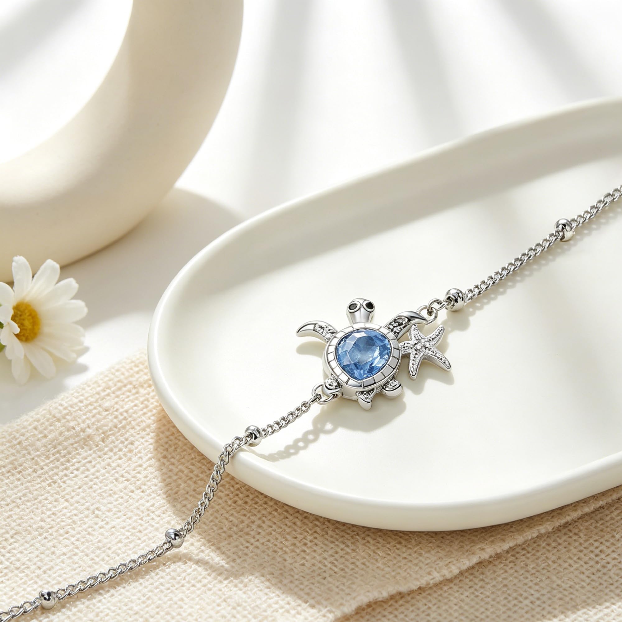 Tortuga Tobillera Pulsera para Mujer Plata de Ley 925 para Estrella Tobillera con Cuentas y Circonita Verano Descalzo Playa Cadena de Pie, Ajustable -22+4cm