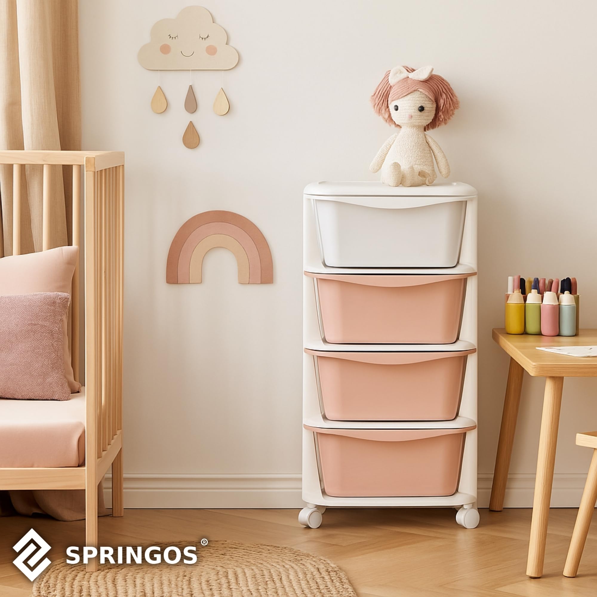 SPRINGOS Scaffale in plastica con 4 cassetti su ruote per giocattoli e accessori, organizzatore mobile per camera dei bambini e bagno