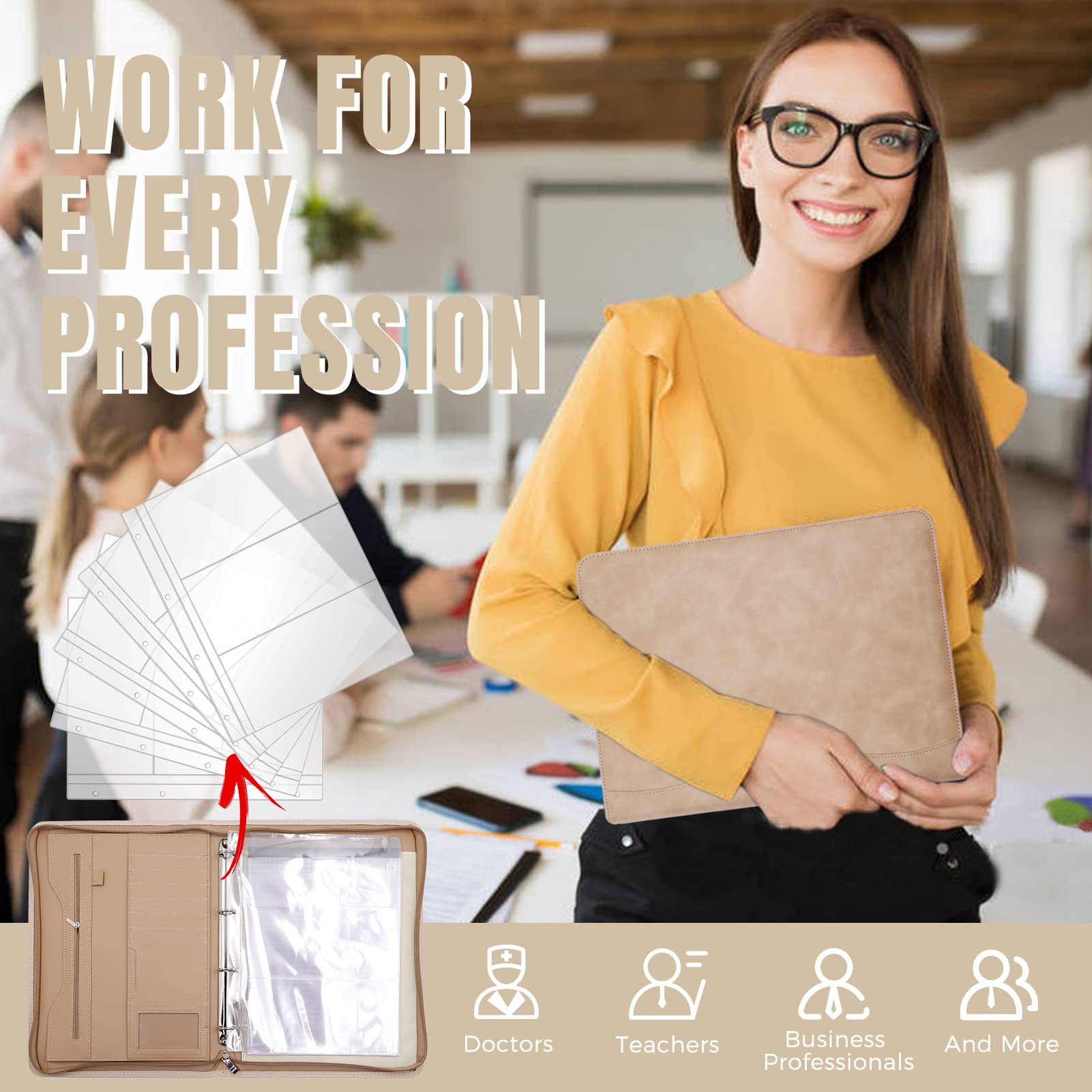 Portfolio Binder-Sbrinnaliao Padfolio Organizer Business Planner & Notebook Organizer-Anello rimovibile Blocco Notepad Scrittura, Raccoglitori con cerniera per uomini e donne (kaki)