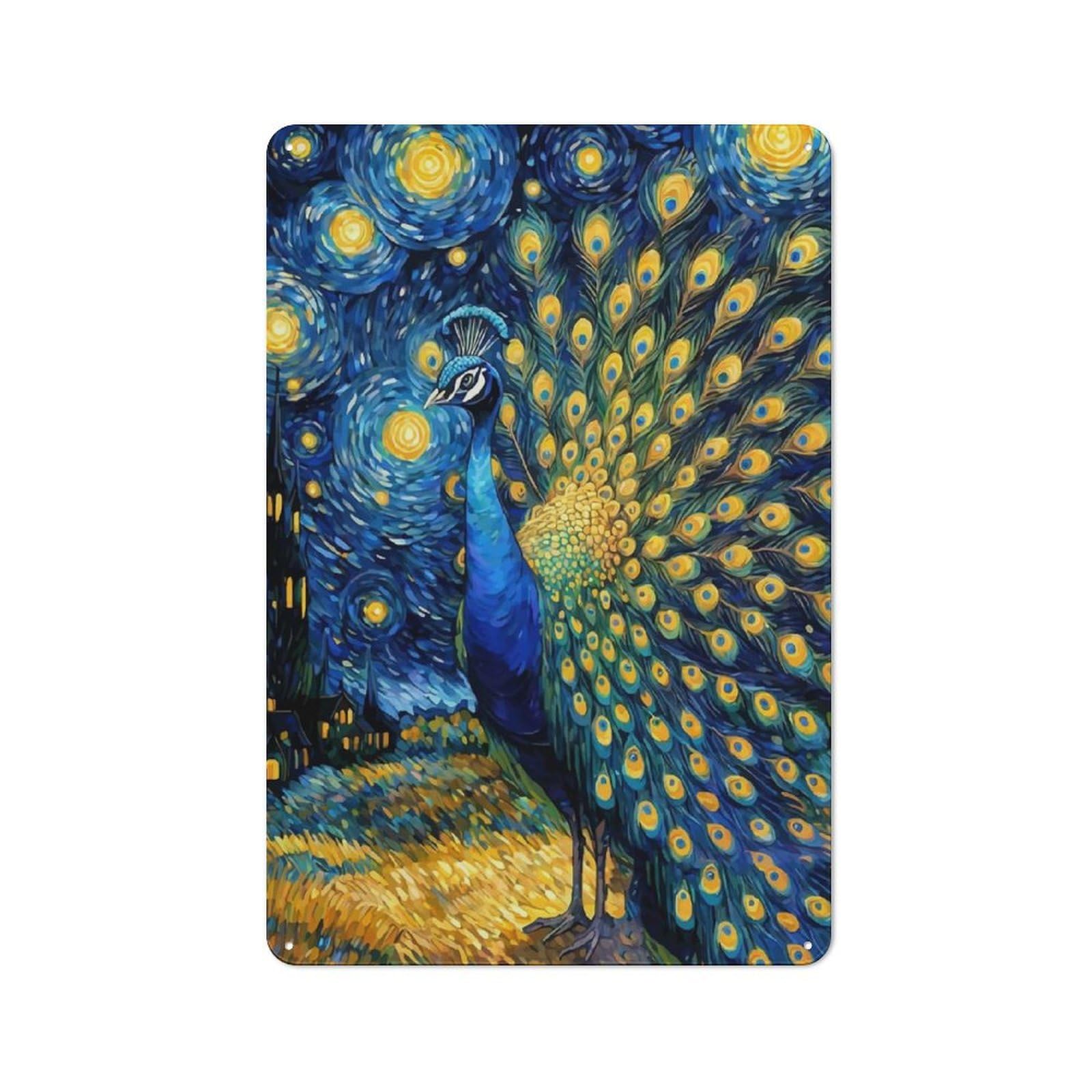 Junmoney Peacock Under Starry Night Retro Tin Sign 30X20cm For Living Room Or Hallway, Gift For Living Room Decor Lovers During The Christmas Season