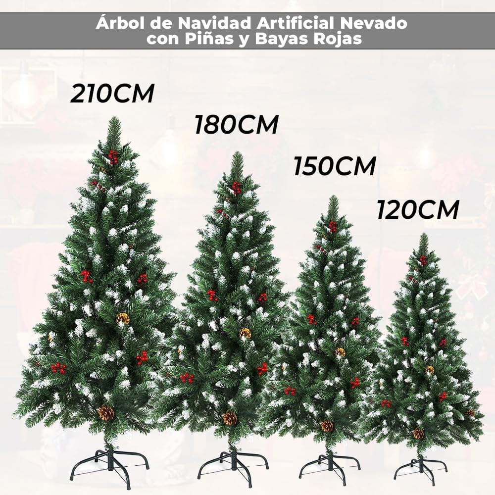 Árbol de Navidad Nevado con Acebo y Piñas 120CM - 150CM - 180CM - 210CM Árbol de Navidad predecoradas para el hogar, Dormitorio, Comedor (180CM)