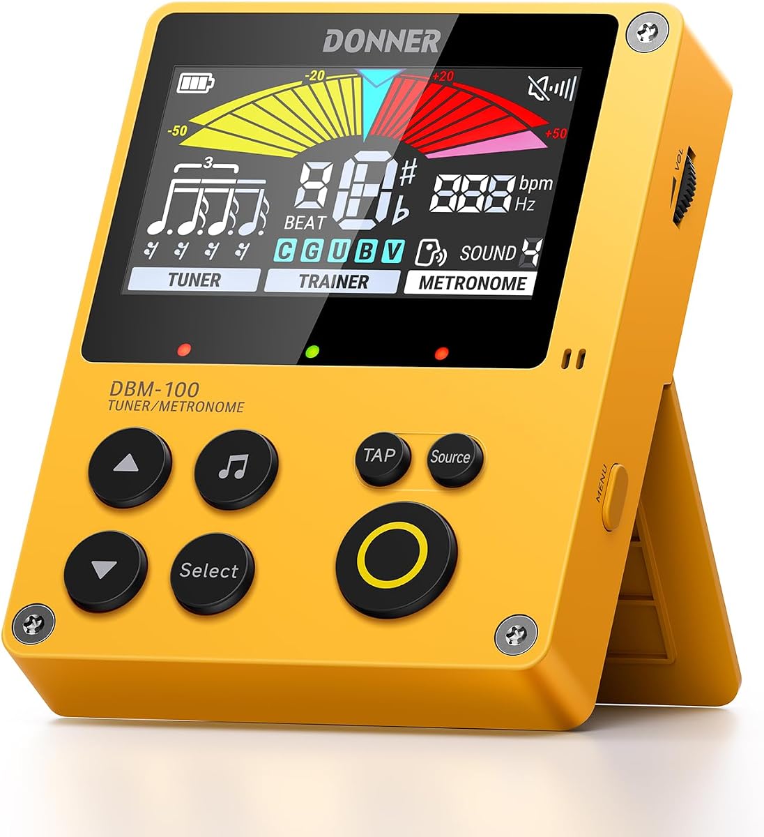 Afinador de metrónomo, metrónomo digital recargable 3 en 1 con modo de ritmo de entrenamiento para guitarra, bajo, violín, ukelele, cromático, piano, instrumentos de viento, DBM-100 (amarillo)