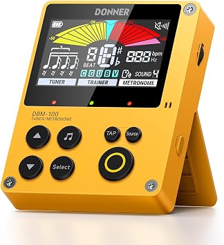 Donner Metronome Tuner, Rechargeable 3 In 1 Digital Metronome with Trainer Rhythm Mode for Guitar, Bass, Violin, Ukulele, Chromatic, Piano, Wind instruments, DBM-100 Yellow