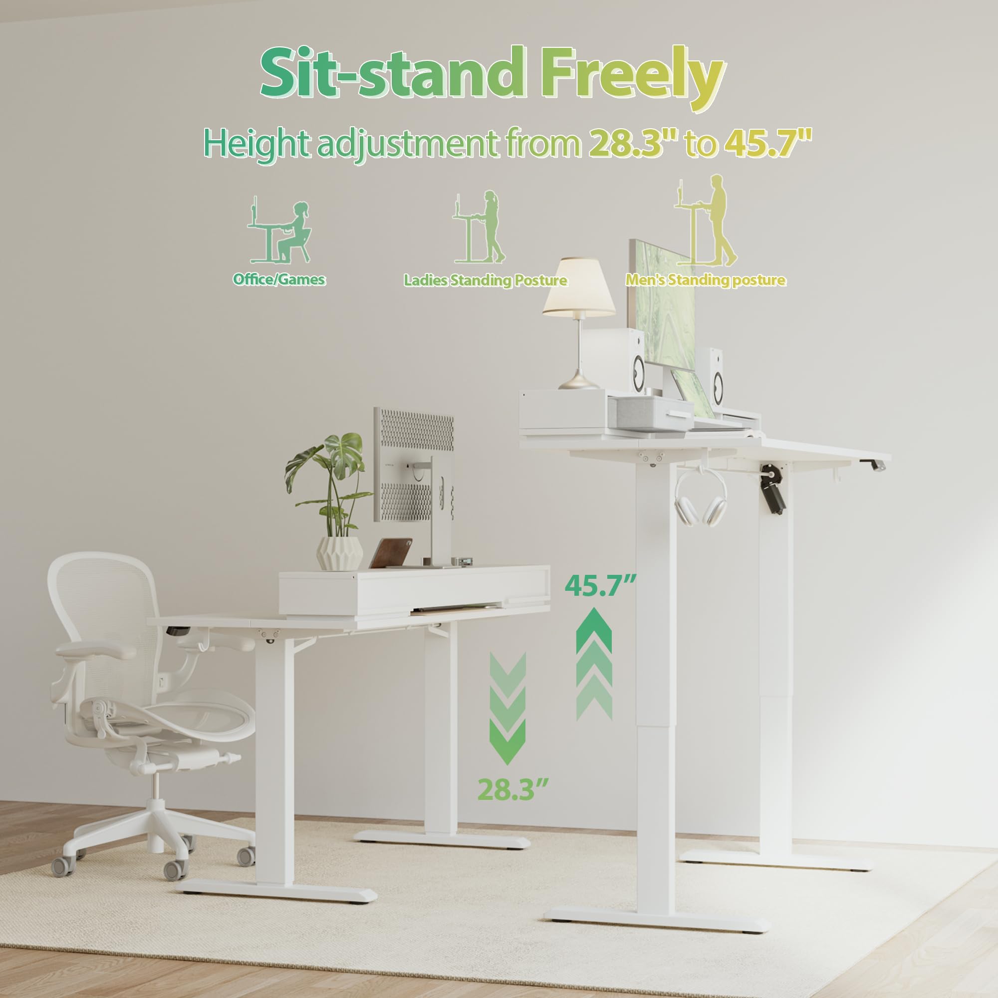 Agilestic Glass Standing Desk with Storage, 48 Inch Electric Adjustable Desk with Glass Shelf and Cable Management, Sit Stand Up Home Office Computer Table, Splice Board, White: White 48 x 24 Inches with 2 drawers