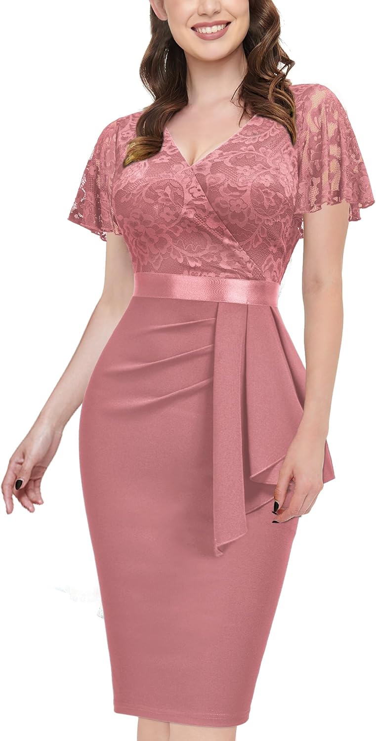 Miusol Women's Floral Lace V Neck Elegant Ruffle Cocktail Dress