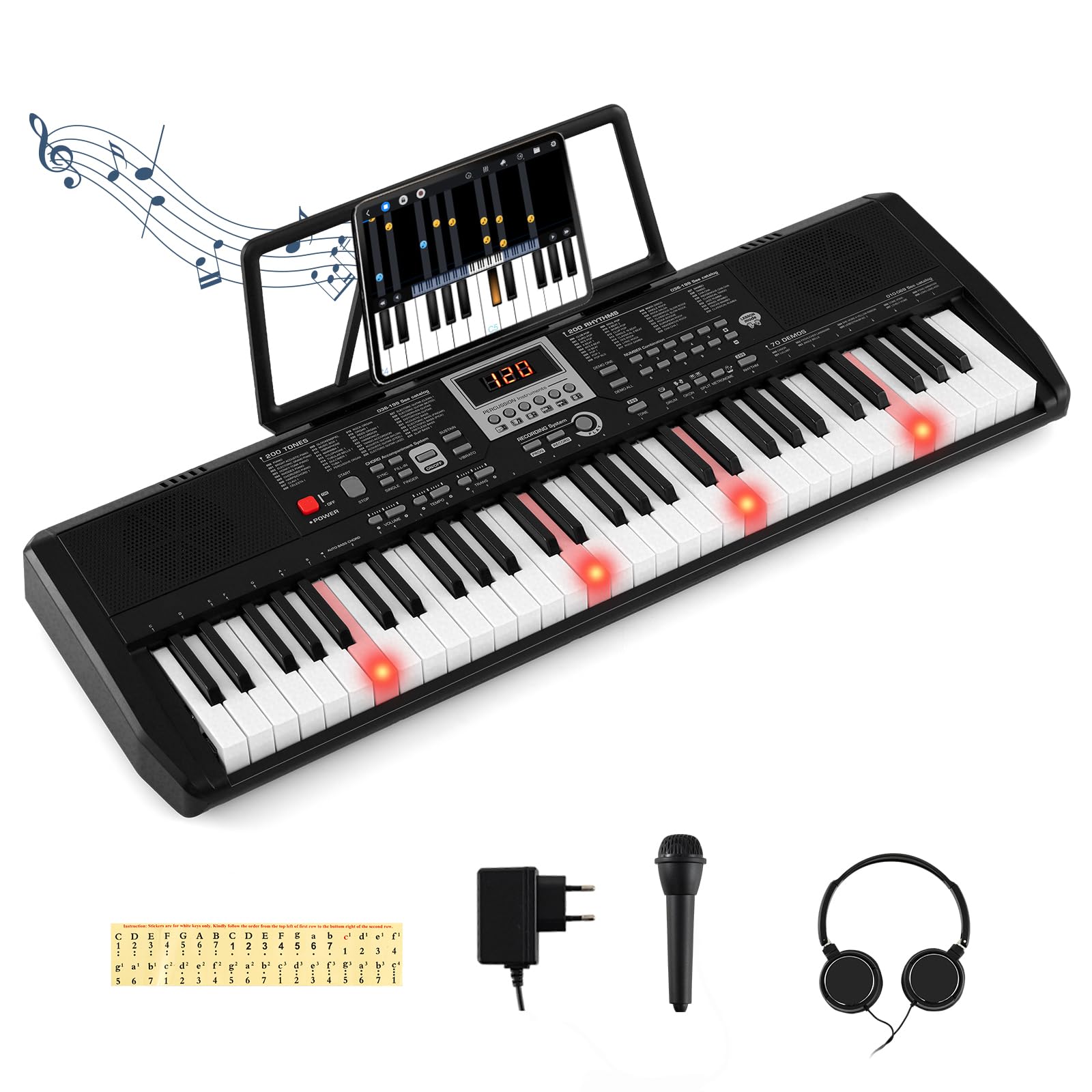 COSTWAY Piano Numérique 61 Touches avec Casque Pupitre Microphone, Clavier Piano avec 2 Haut-Parleurs, Touches Lumineuses, Mode d'apprentissage, 200 Sons 200 Rythmes 70 Démo pour Débutants
