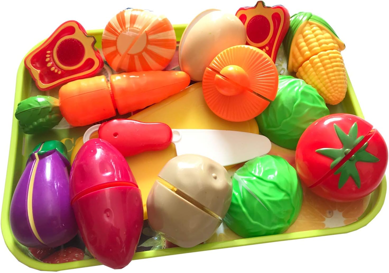 VNC Realistic Sliceable 11 Pcs Fruits & Vegetables with a Knife and Chopping Board, Cutting Play Toy Set, Can Be Cut in 2 Parts, Assorted