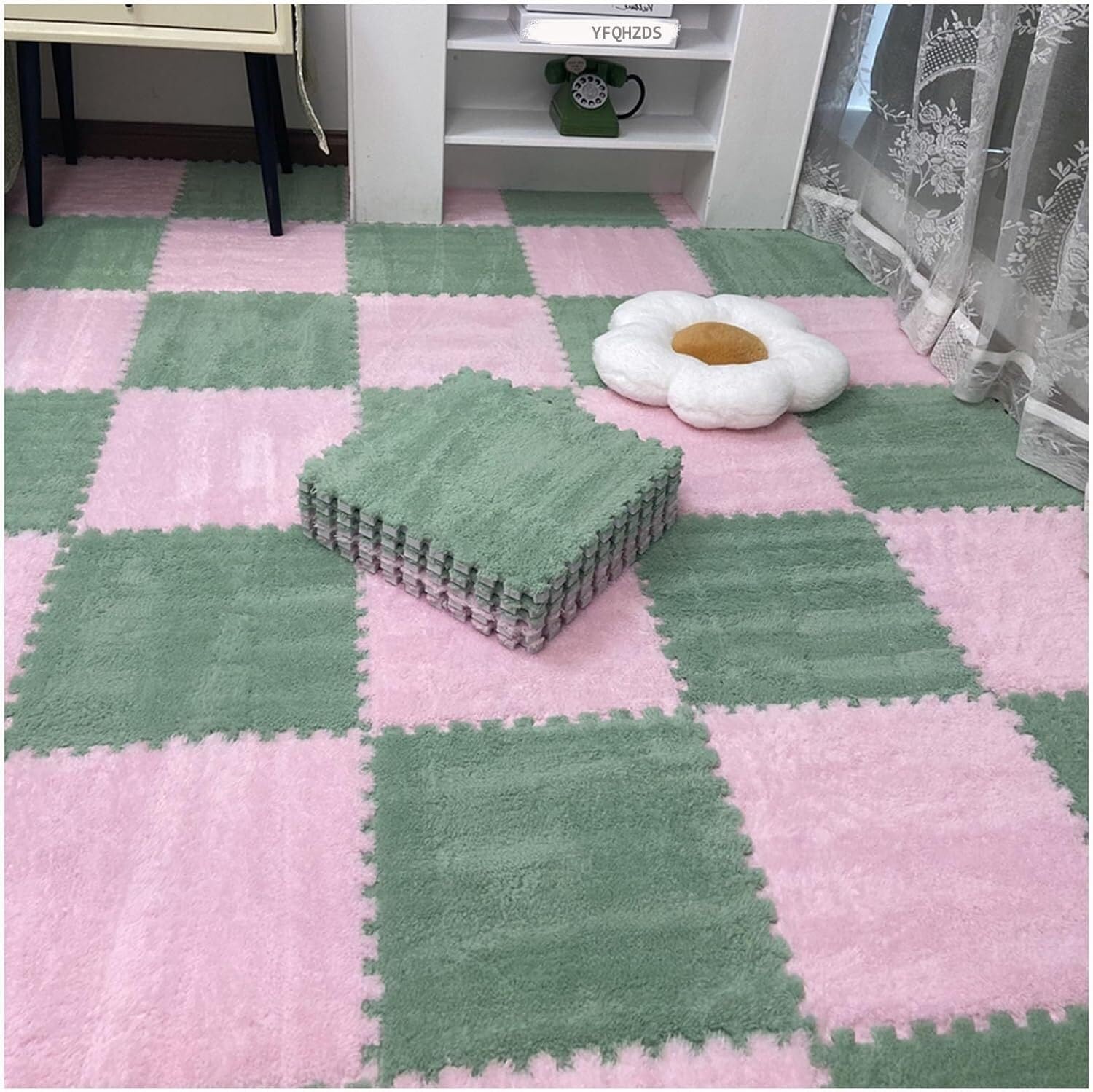 JvFbjLF Soft Plush Interlocking Floor Mats 12x12inch Puzzle Carpet Squares Fluffy Foam Floor Tiles With Border(Green+Pink)