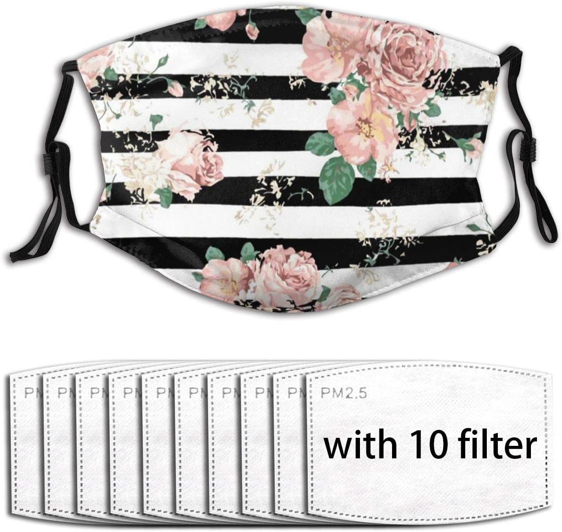 Kawaii Face Cover with Replaceable Activated Carbon Cover for Garden Hiking, Daily Use Breathable Insert Filters Air Filter Cover, Vintage Watercolor Floral Roses Black and White Stripes - 10 Filter