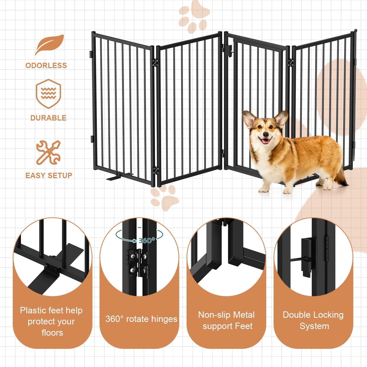 MOOACE Dog Gate Indoor, Pet Door Free Standing 80"Wx32''H, Tall Doggie Gate 4 Panel, Heavy Foldable Puppy Gate Drilling with 2 PCS Support Feet, Dog Fence for Doorways Extra wide for Stairs, Hallways
