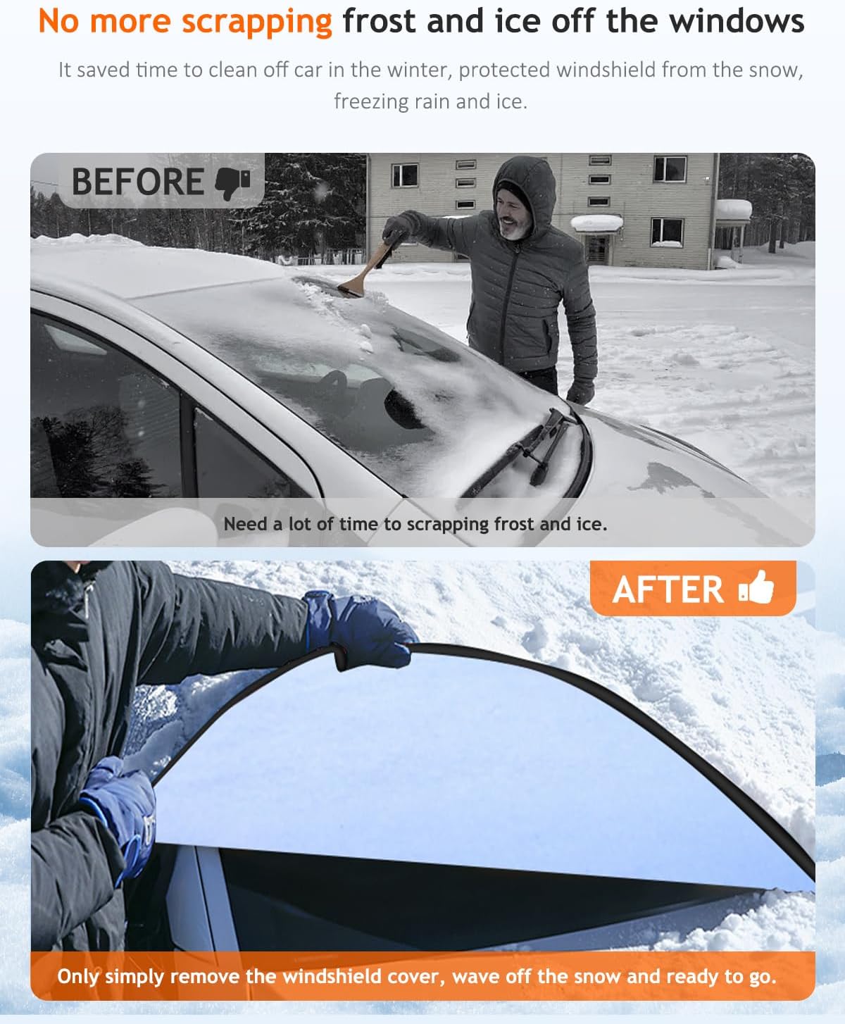 Tecoom Front Snow Windshield Cover Universal for Sedan SUV Truck Van, 4-Layer Hail Sun Rain Ice Protector, Windproof Winter Outside Car Front Glass Window Cover, All Weather Frost ice Shield Guards