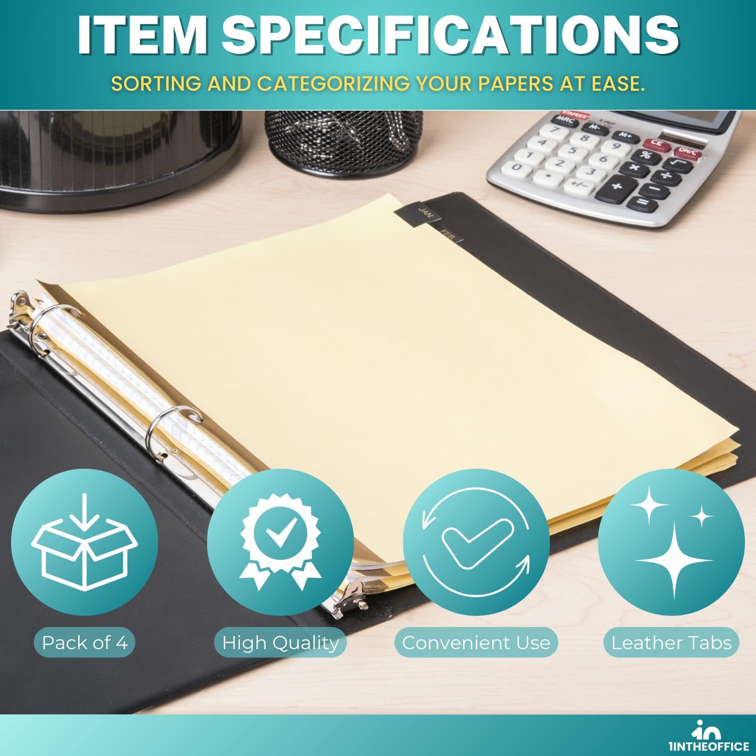 1InTheOffice Monthly Tab Dividers, Month Tabs for 3 Ring Binder, Monthly Leather Dividers, 12-Tab, Black, (4 Pack) - Image 7