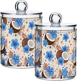 Bathroom Canister Set of 2 Coconut Blue Hibiscus Floral Qtip Holder Dispenser Clear Plastic Apothecary Jars with Lids Bathroom Organizer Storage Containers for Cotton Swab, Ball, Pads, Floss
