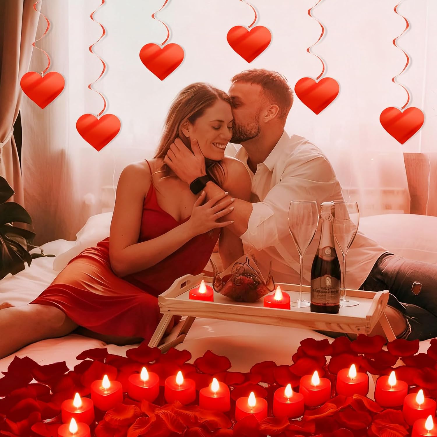 Valentine's Day Decorations Kit: 24 Heart Shape LED Flameless Candles, 1000 Rose Petals, 6 Red Spiral Hangers for Proposal, Wedding, Anniversary Romance