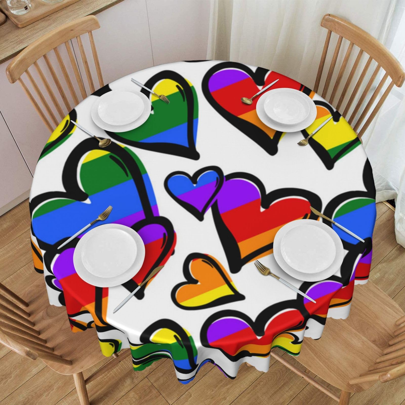 DCEHGEW 60 In Round Tablecloth with Lace, Rainbow Colored Gay Pride Hearts Printed Oilproof & Washable Fabric Picnic Table Cloth Table Covers