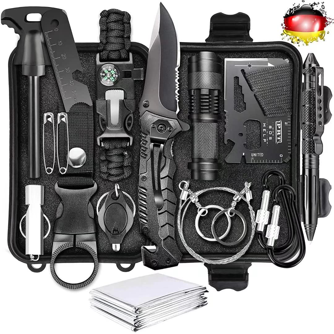 Kit de Supervivencia LC-dolida 15 en 1, Kit de Supervivencia de Emergencia al Aire Libre con Cuchillo/Linterna táctica para Acampar/bushcraft/Senderismo/Caza/Aventuras al Aire Libre