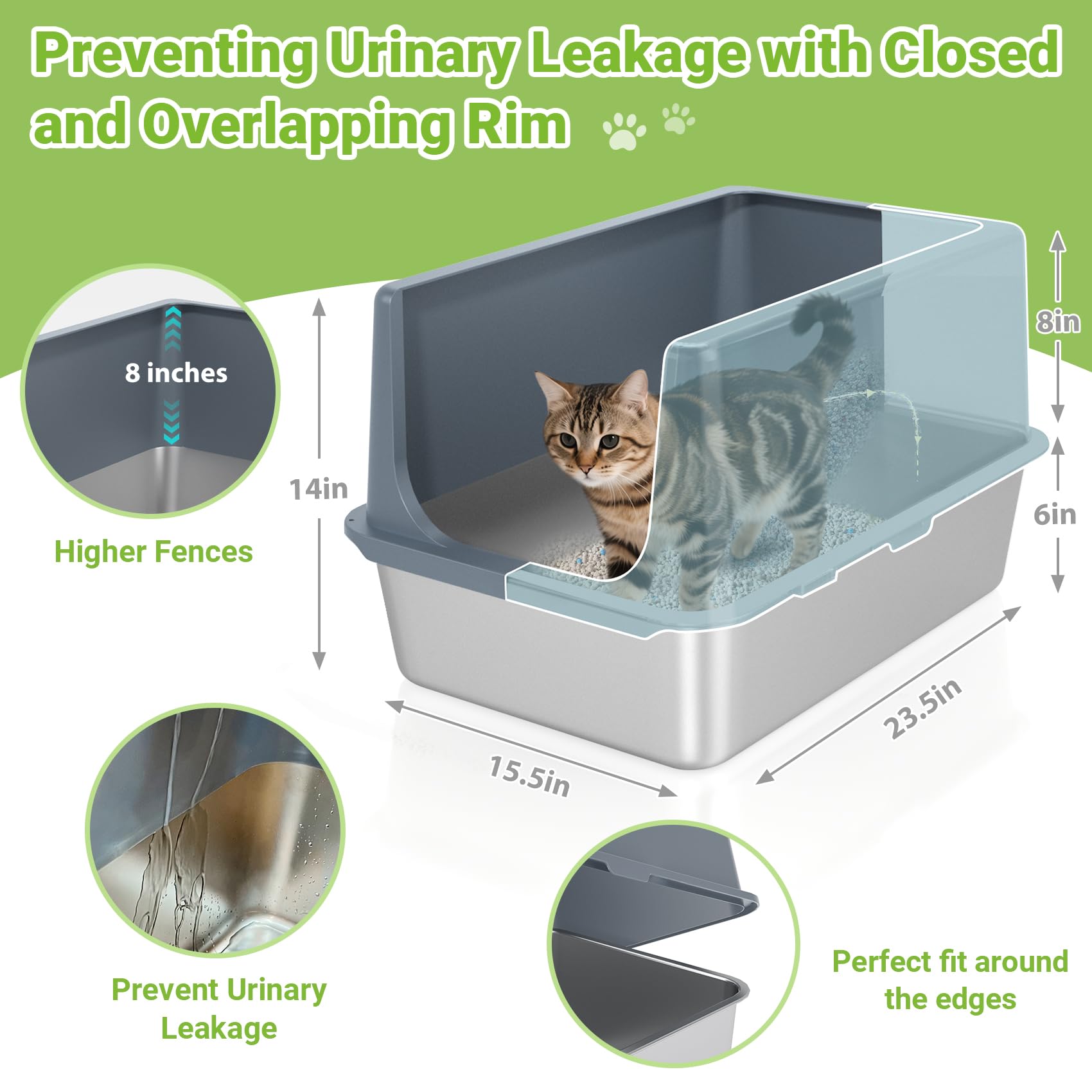 LIHONG Stainless Steel Cat Litter Box, XL Metal with Lid, Cat Litter Pan for Large Cats, Non-Sticky Large Kitty Litter Box, Anti-Leakage, 23.5" X 15.5" X 14" XXL - image 3