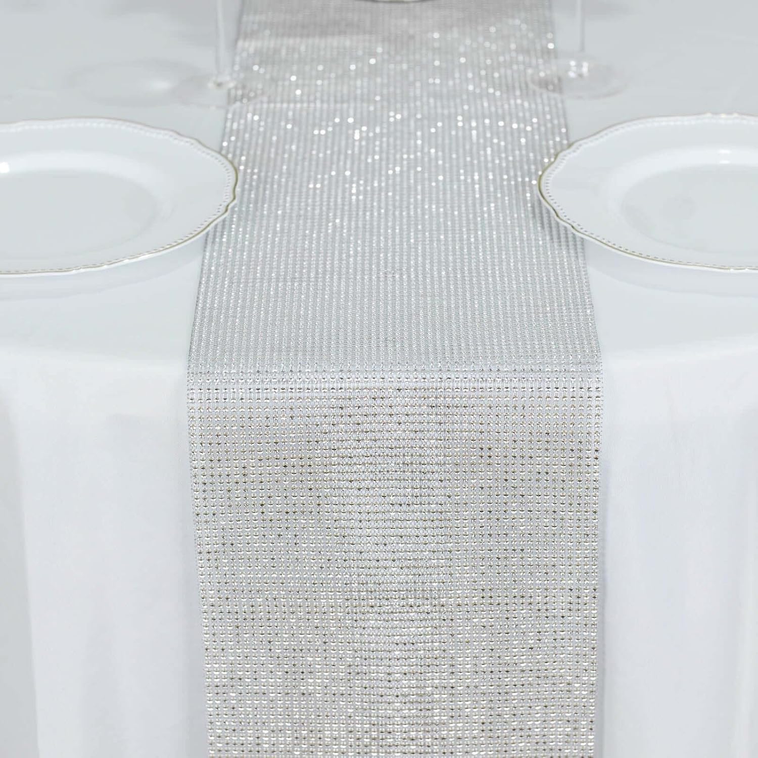 Efavormart 10"x108" Shiny Silver Crystal Rhinestone DIY Table Runner, Diamond Mesh Ribbon Bling Roll