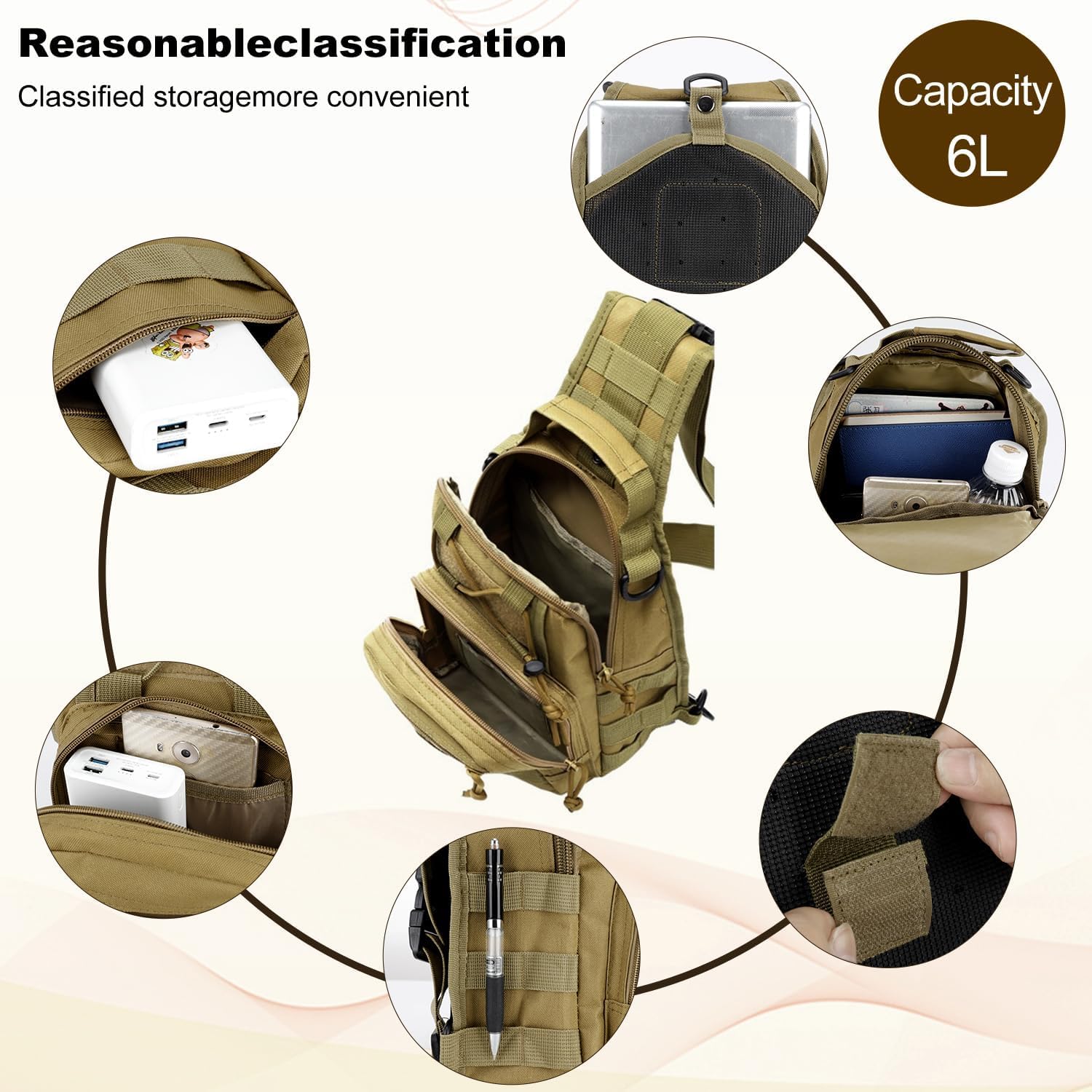Tactical Shoulder Sling Bag Small Outdoor Military Sport Bag Pack Sling Shoulder Backpack Tactical Bag for Men Every Day Carry, Traveling, Trekking, Camping - Khaki