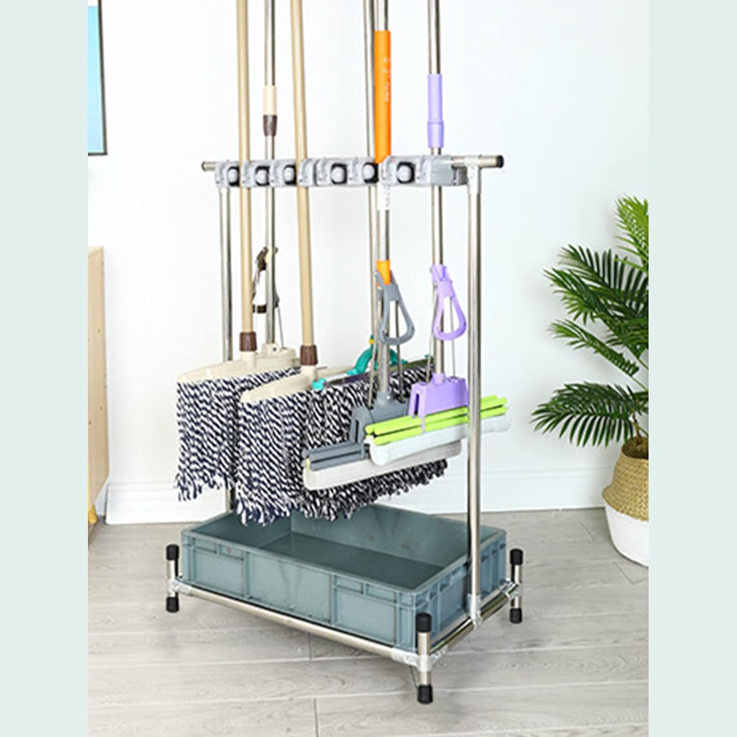 Movable Broom Mop Holder,Commercial Mop Rack, Cleaning Tool Cart,Storage and Organizatio,Umbrella Stand, Mop Drain Rack can put wet mops,with Gray Tray,for Garage, Garden,Schools,Hospitals ( Color : N
