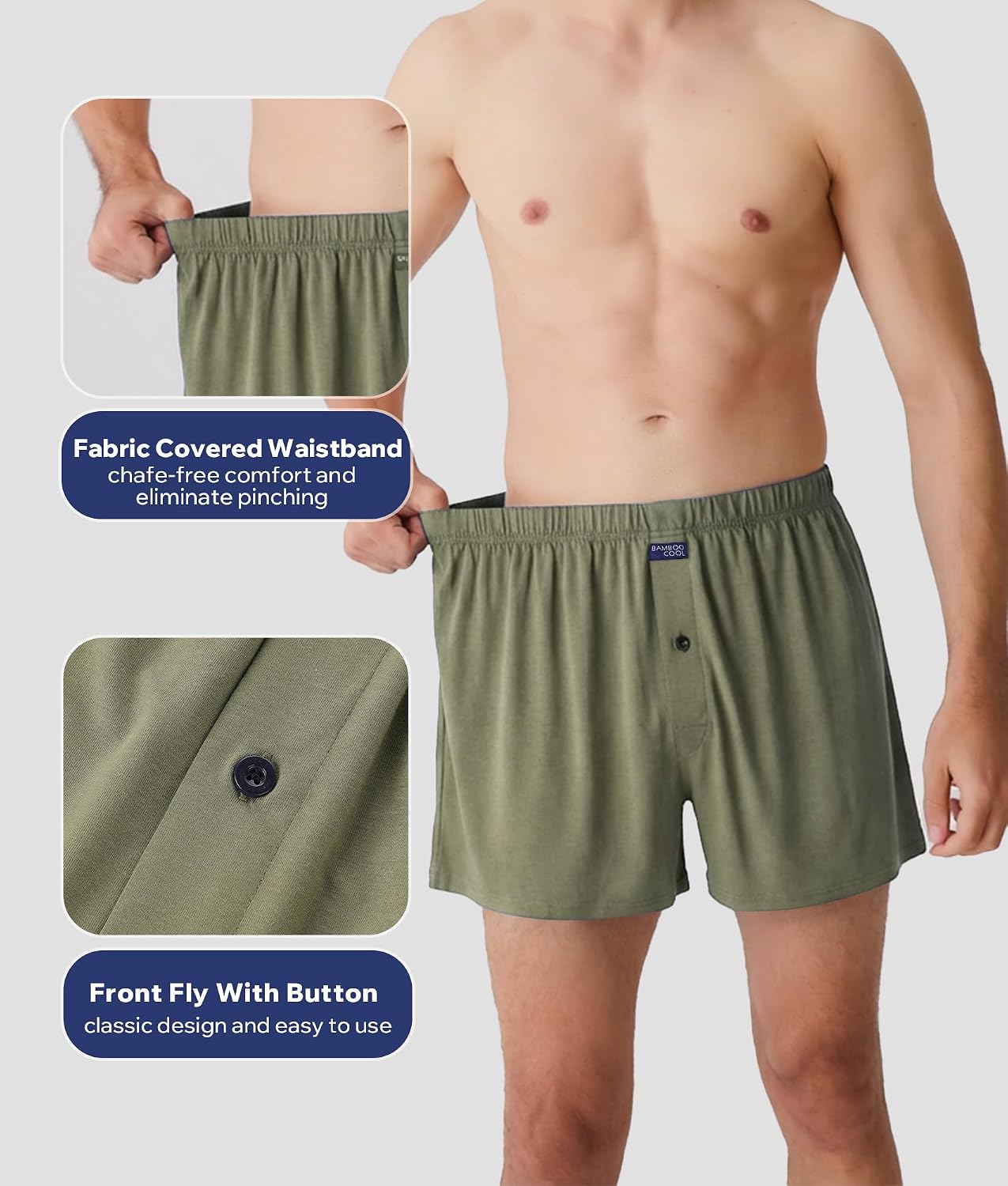 BAMBOO COOL Mens Boxers Breathable Boxers for Men Soft Loose Underwear Durable Boxers Short(3 Pack)