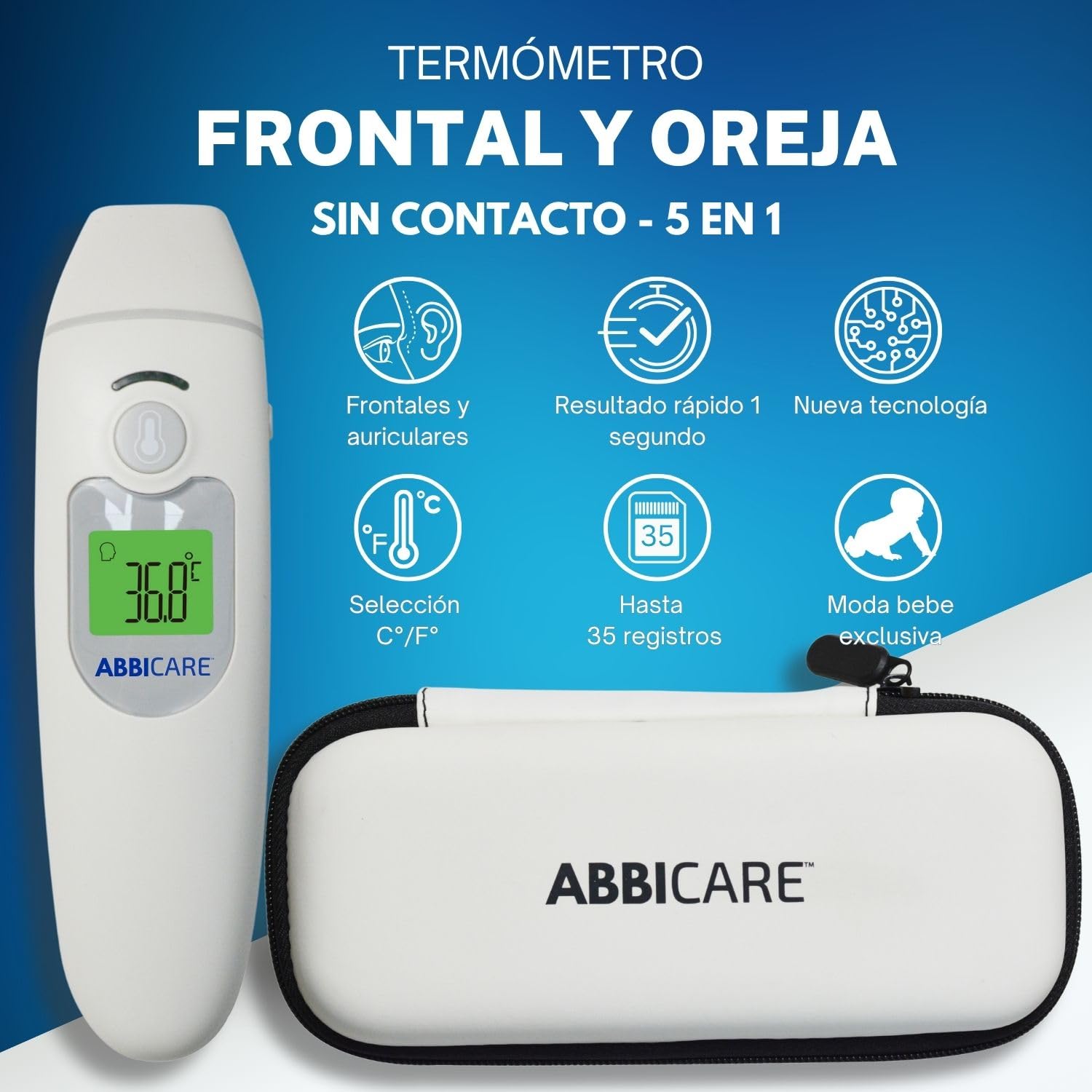 Termometro medico sin contacto ABBICARE™ infrarrojo digital | Frontal y auricular | Niño y adulto – Medición rápida en 1 segundo con estuche – Alta precisión – Uso doméstico y profesional