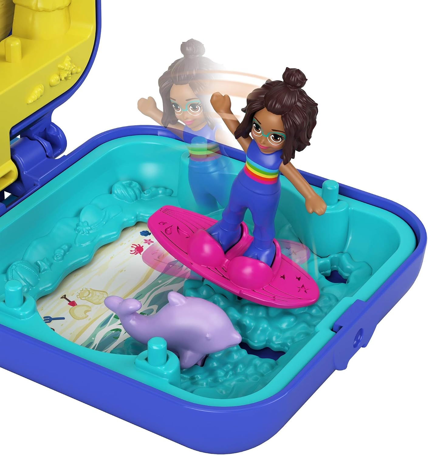 Polly Pocket Shani Tropical Beach Compact with Mobile Ice Cream Cart, Surfboard, Dolphin Figure, Photo Customization, Micro Shani Doll & Sticker Sheet; for Ages 4 Years Old & Up